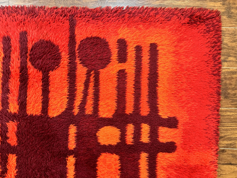 Danish Rya Shag Rug 4x6, Red Vintage Mid Century Retro Abstract Shag Rug
