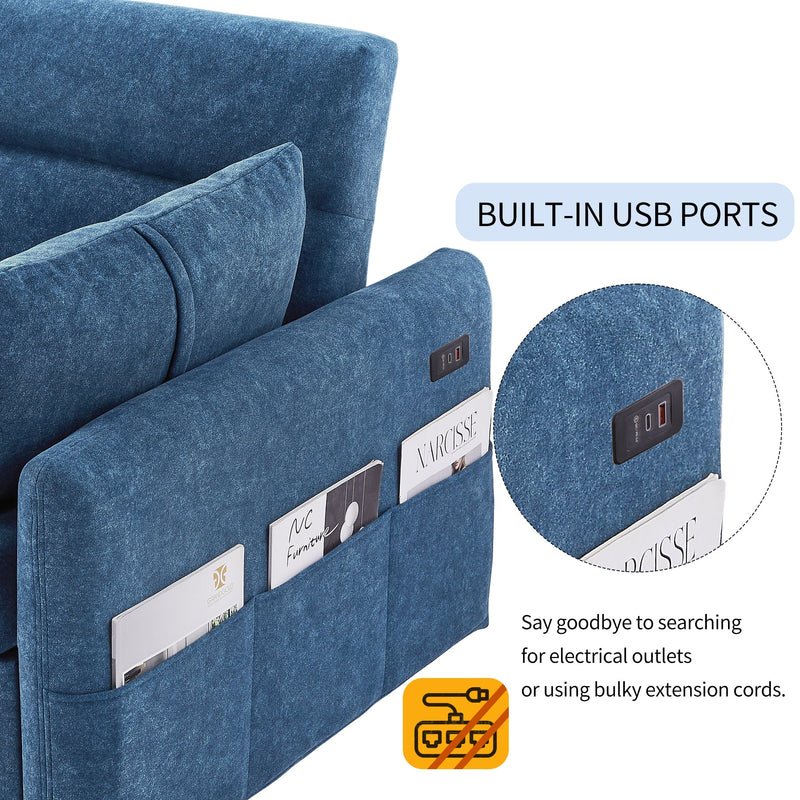 55.1" Pull Out Sleep Sofa Bed Loveseats Sofa Couch with Adjustable Backrest, Storage Pockets, 2 Soft Pillows, USB Ports for Living Room, Bedroom, Apartment, Office, Blue