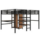 Twin Over Twin Metal Loft Bed with Double Desk and Wardrobe and Shelves with Electrical Outlet for Space Saving and Noise Reduction, woodgrain