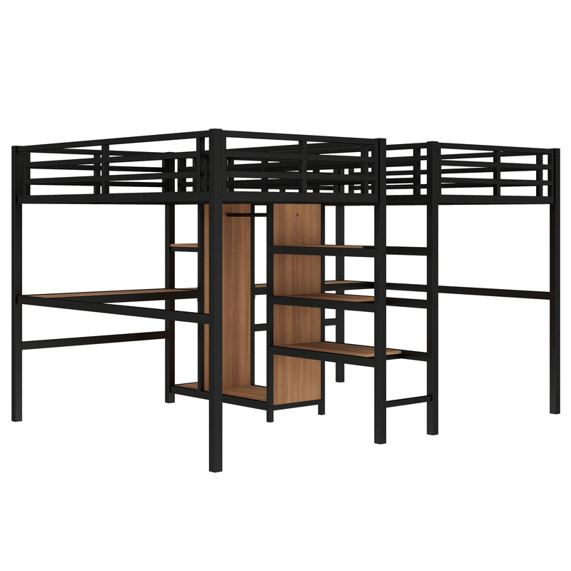 Twin Over Twin Metal Loft Bed with Double Desk and Wardrobe and Shelves with Electrical Outlet for Space Saving and Noise Reduction, woodgrain