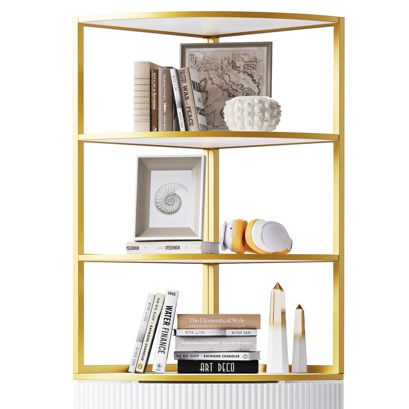 74.8" Tall Modern Corner Bookshelf,Fan-Shaped bookcase with 1 Drawer and 2 Doors, Wooden Standing Corner Shelf with Gold Metal Frame for Living Room,Home Office,White
