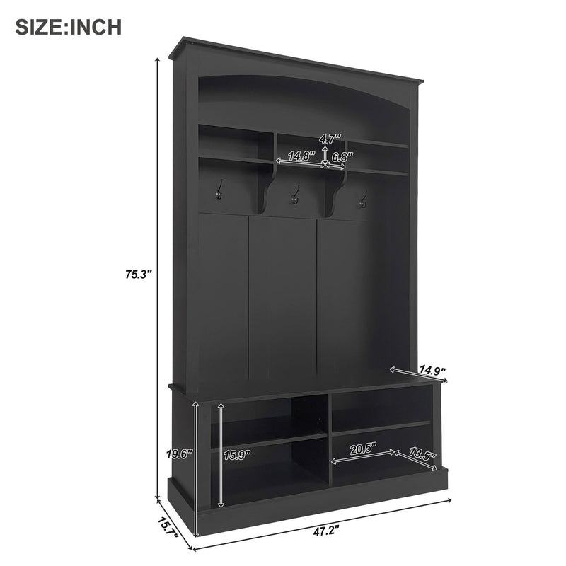 47.2" Wide Hall Tree with Bench and Shoe Storage, Multi-functional Storage Bench with 3 Hanging Hooks & Open Storage Space, Rectangle Storage & Shelves Coat Rack for Hallway, Black