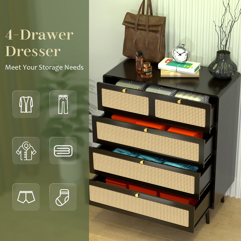 4 Drawer Dresser, Modern Rattan Dresser Chest with Wide Drawers and Metal Handles, Farmhouse Wood Storage Chest of Drawers for Bedroom, Living Room, Hallway, Entryway