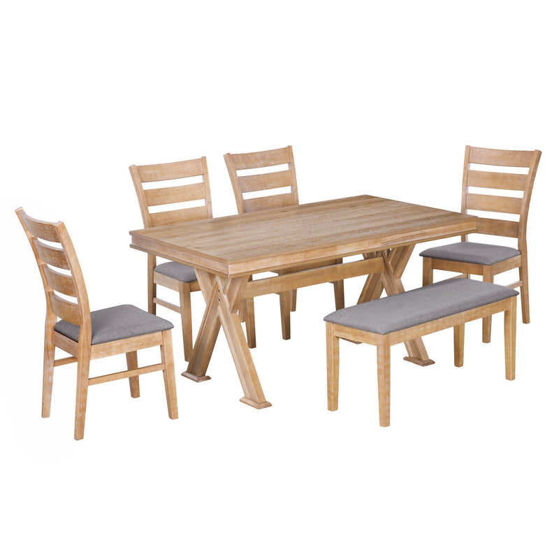 6-Piece Retro 59"L Rectangular Dining Table Set, Table with Unique Legs and 4 Upholstered Chairs & 1 Bench for Dining Room and Kitchen (Natural Wood Wash)