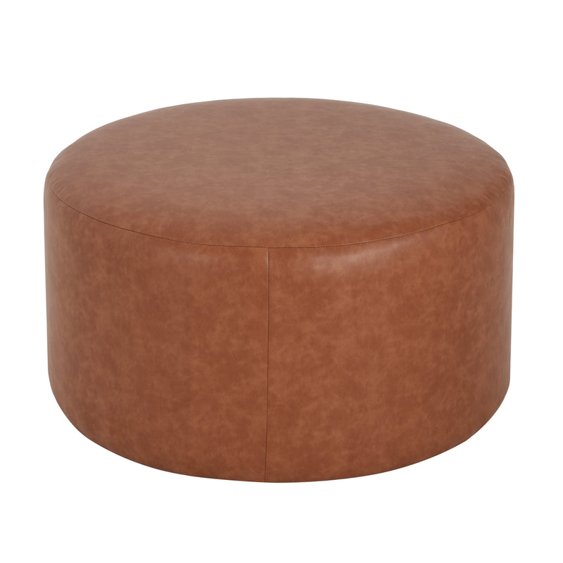 Upholstered Round Ottoman,PU Leather, Cognac Brown