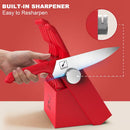 14-Piece Stainless Steel Kitchen Knife Set with Sharpener Block Red
