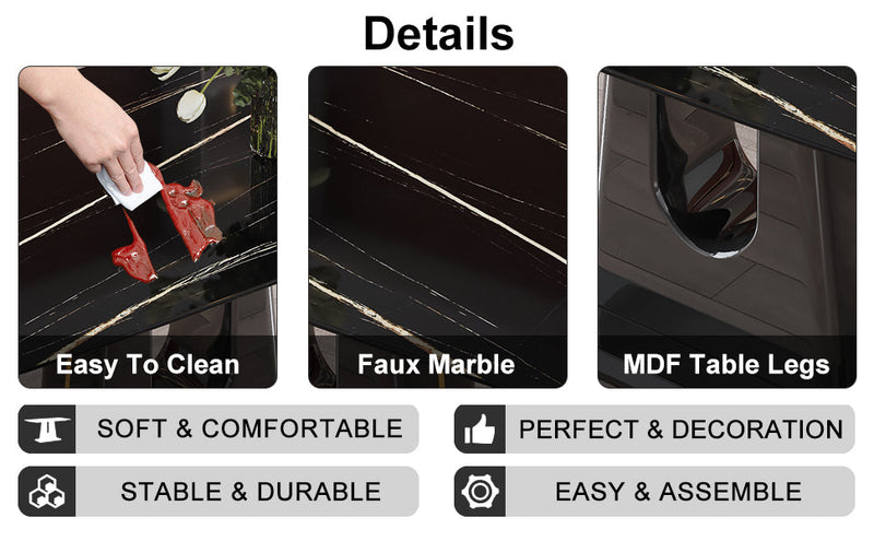 A modern, minimalist, and luxurious table. A black imitation marble tabletop with MDF U-shaped legs. Dining table, computer table. For restaurants and living rooms 63" x 35.4"x 30" F-U