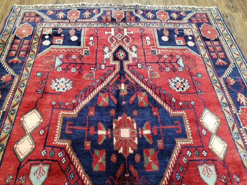 Antique Persian Zanjan Nahavand Heriz Rug, Red & Blue, Hand-Knotted, 5' x 9' 7"