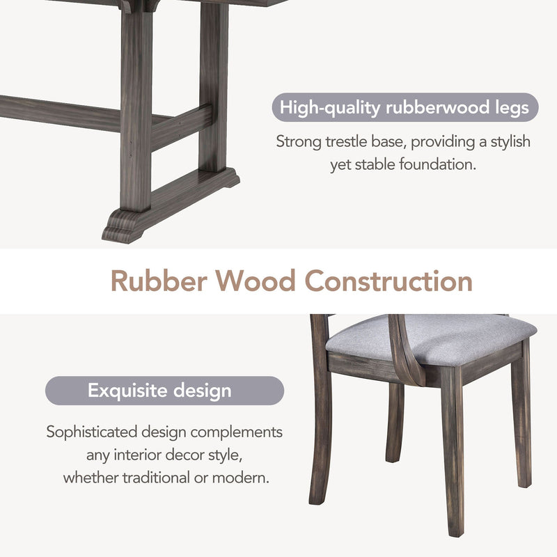 7-Piece Updated 76.9inch Extendable Trestle Dining Table Set with Removable Leaf, Kitchen Table Set with Upholstered Side Chair and Arm Chair, Set of 6, Grey