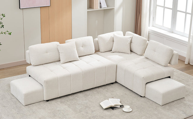 91.73" L-shaped Sofa Sectional Sofa Couch with 2 Stools and 2 Lumbar Pillows for Living Room, Biege
