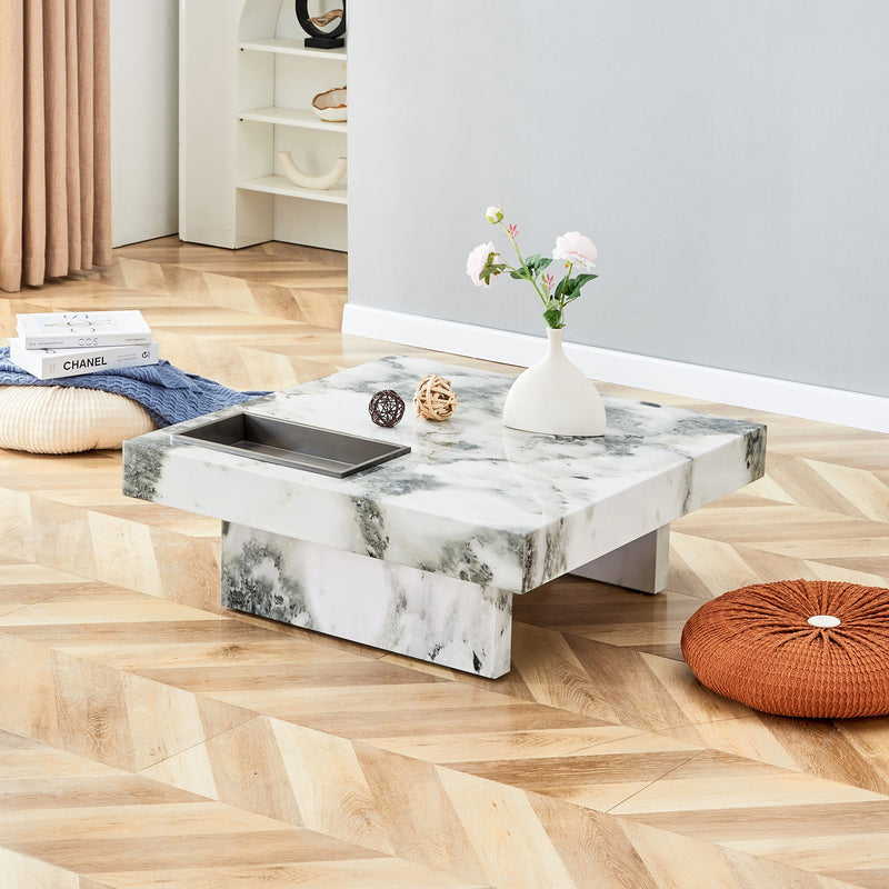 A modern and practical coffee table, black and white in imitation marble pattern, made of MDF material. The fusion of elegance and natural fashion 31.4"x 31.4"x 12 "