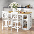 60"Lx30"W Solid Wood Farmhouse Counter Height Dining Table Set with 3-Tier Storage Shelves, Upholstered Dining Chairs for 4, 5-Piece, White