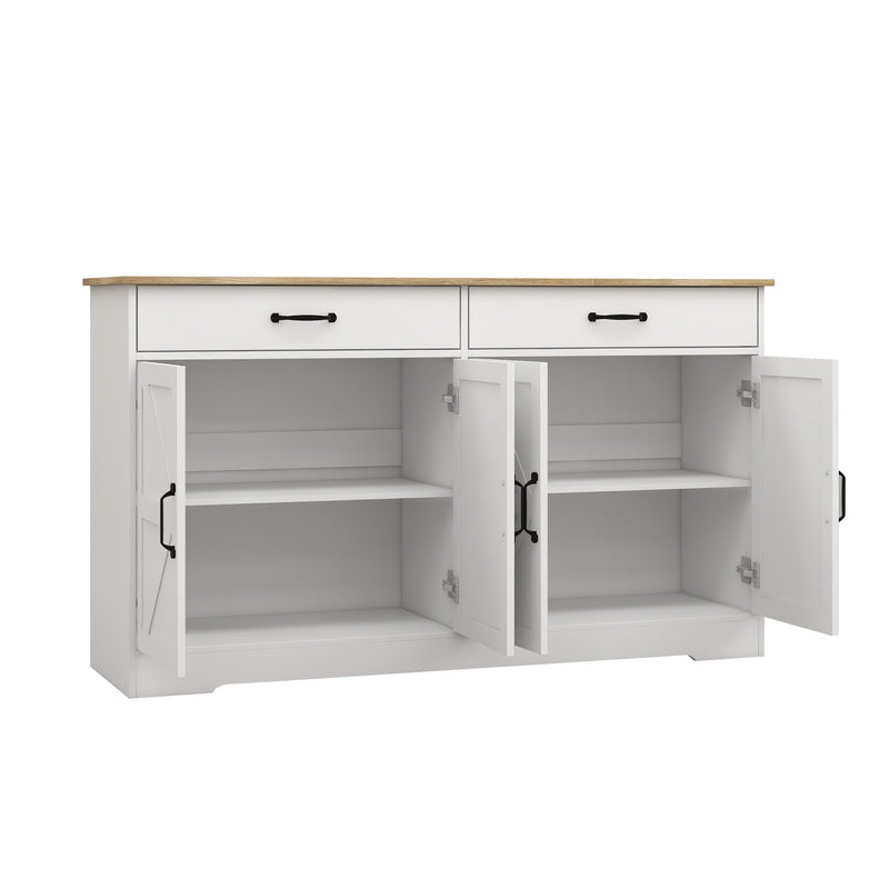 55.91" Large Farmhouse Buffet Cabinet Storage Sideboard with 2 Drawers and 4 Doors for Dining Living Room Kitchen Cupboard-White
