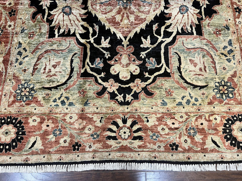 Pak Persian Rug 8x10, Pakistani Mahal Sultanabad Carpet, Signature from Master Weaver, Shiny Wool, Black Red Vintage Handmade Medallion Rug