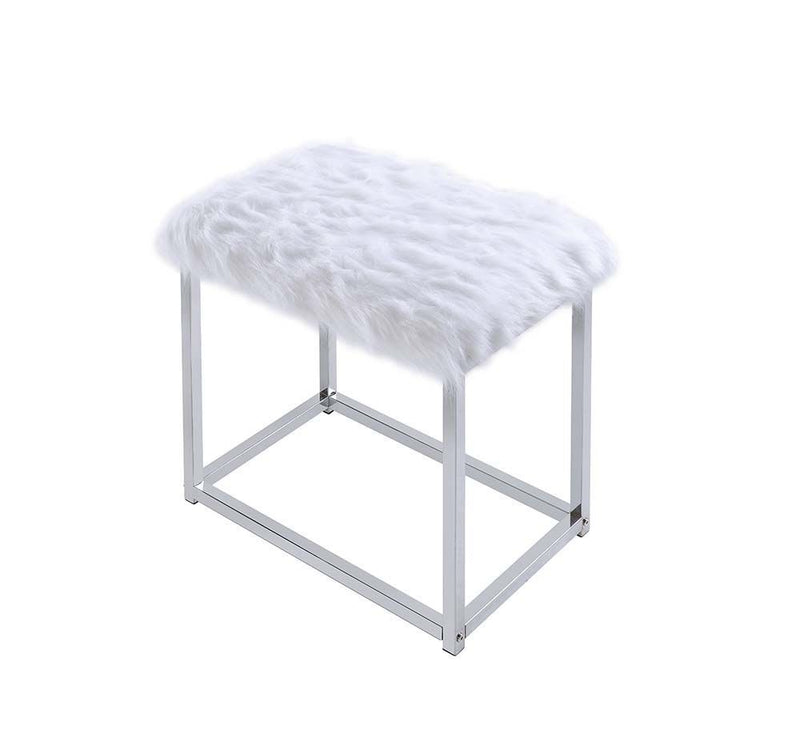 Adao Vanity Mirror & Stool, Faux Fur, Mirror, White & Chrome Finish