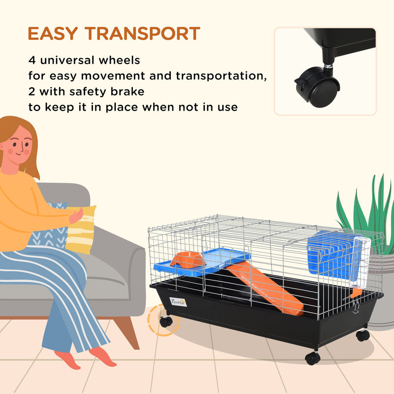 35"L Small Animal Cage, Rolling Bunny Cage, Guinea Pig Cage with Food Dish, Water Bottle, Hay Feeder, Platform, Ramp for Ferret Chinchilla, Black