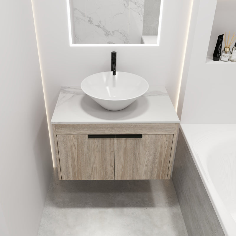30" Modern Design Float Bathroom Vanity With Ceramic Basin Set, Wall Mounted White Oak Vanity With Soft Close Door, KD-PackingD-Packing Pieces
