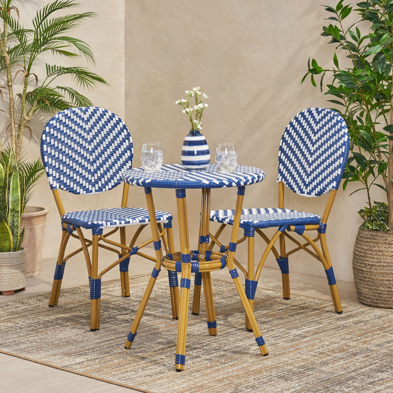 Walker Edison - Outdoor Aluminum 3 Piece French Bistro Set, Navy Blue, White, with Bamboo Finish