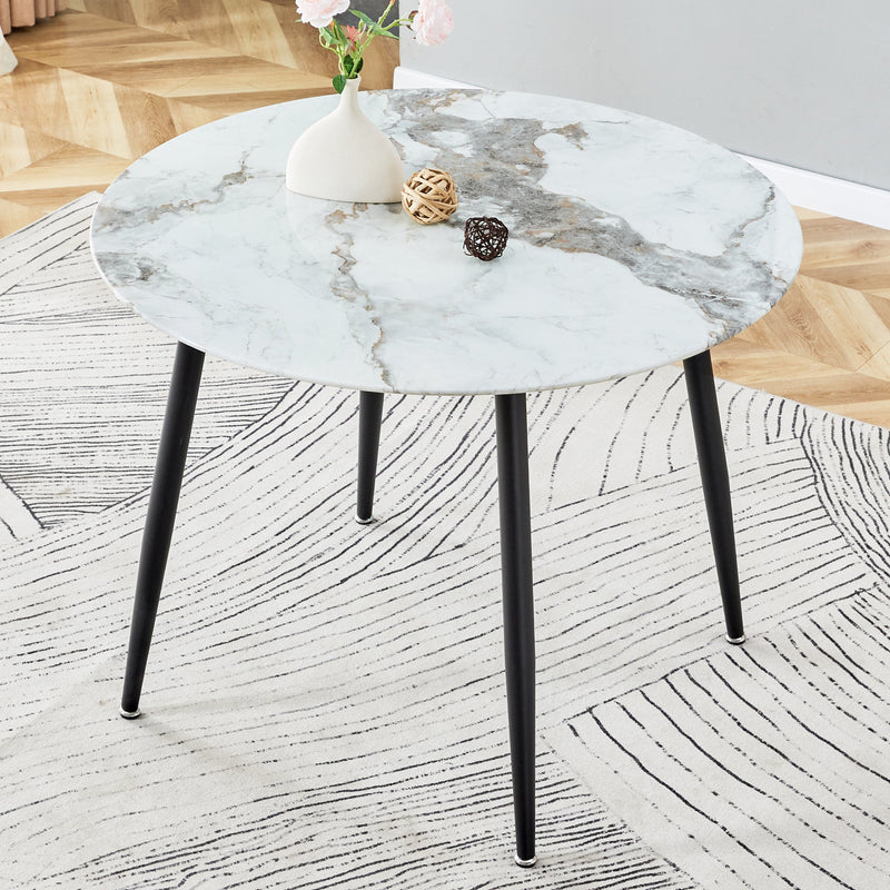 A modern minimalist circular dining table with a diameter of 40 inches, a 0.3 inch thick imitation marble pattern tabletop and black metal legs 40 'x 40' x 30 'DT-1164