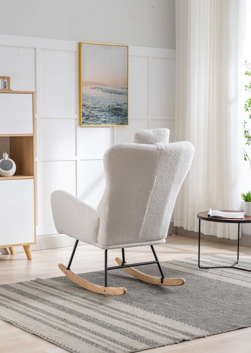 35.5 inch Rocking Chair with Pocket, Soft Teddy Fabric Rocking Chair for Nursery, Comfy Wingback Glider Rocker with Safe Solid Wood Base for Living Room Bedroom Balcony (white)