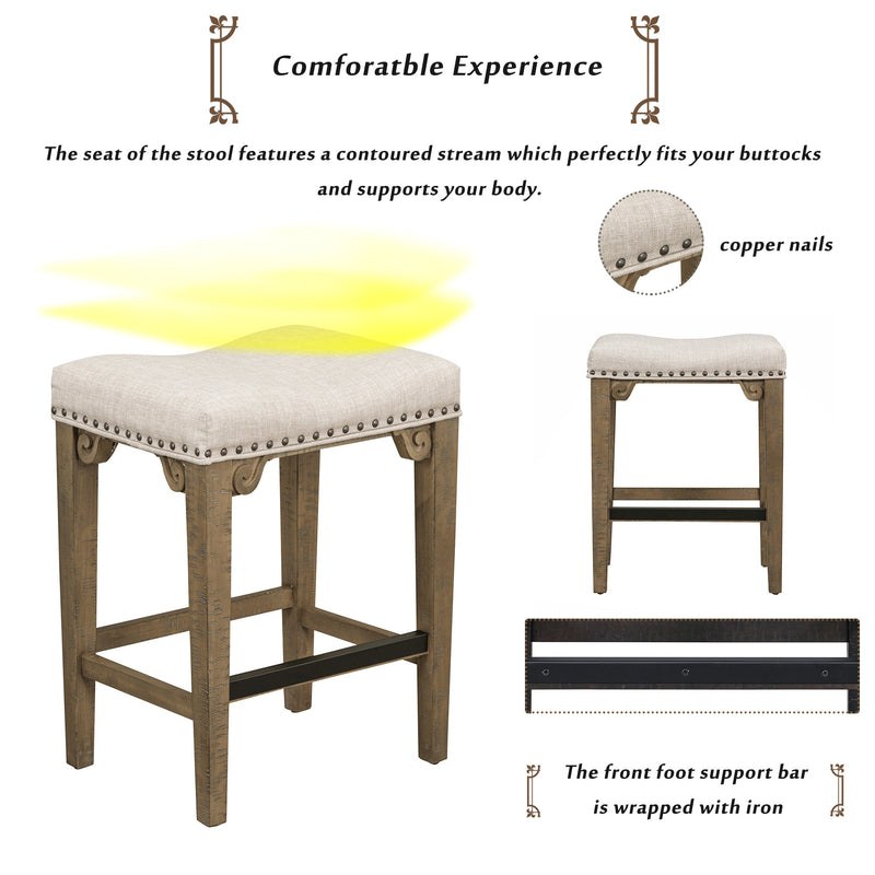 3-Piece Retro Dining Set Solid Wood Counter Height Pub Set Foldable Table with 2 Saddle Stools for Kitchen, Small Space (Distressed Brown)