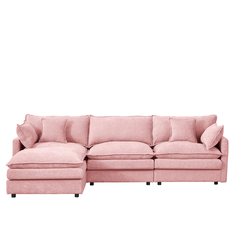 Contemporary Modular Sectional Sofa L Shaped 3-Seater with Movable Ottoman in Pink Chenille, 105 Inch