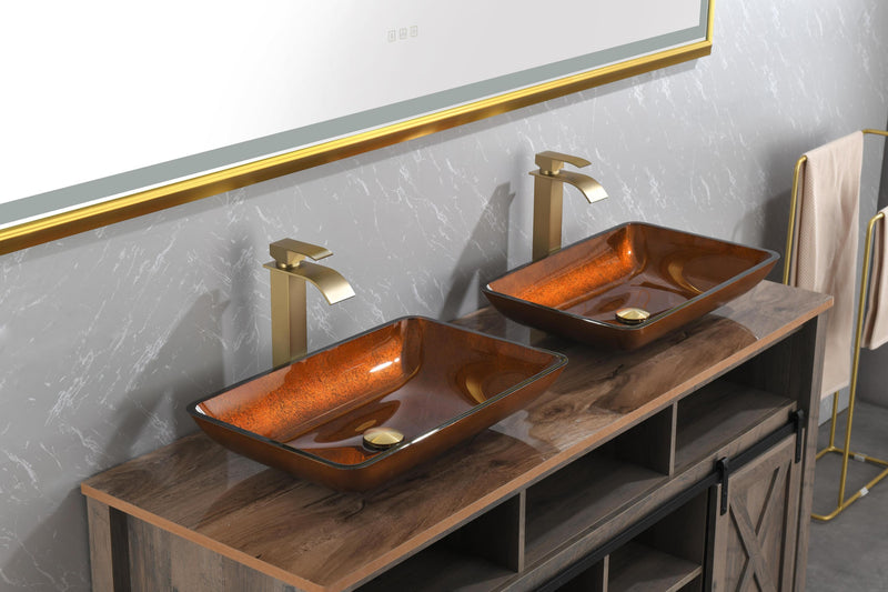 22.5" L -L -14.5" W -4 1/2 in. Handmade Glass Rectangle Vessel Bathroom Sink Set in Rich Chocolate Brown Finish with gold Faucet and gold Pop Up Drain