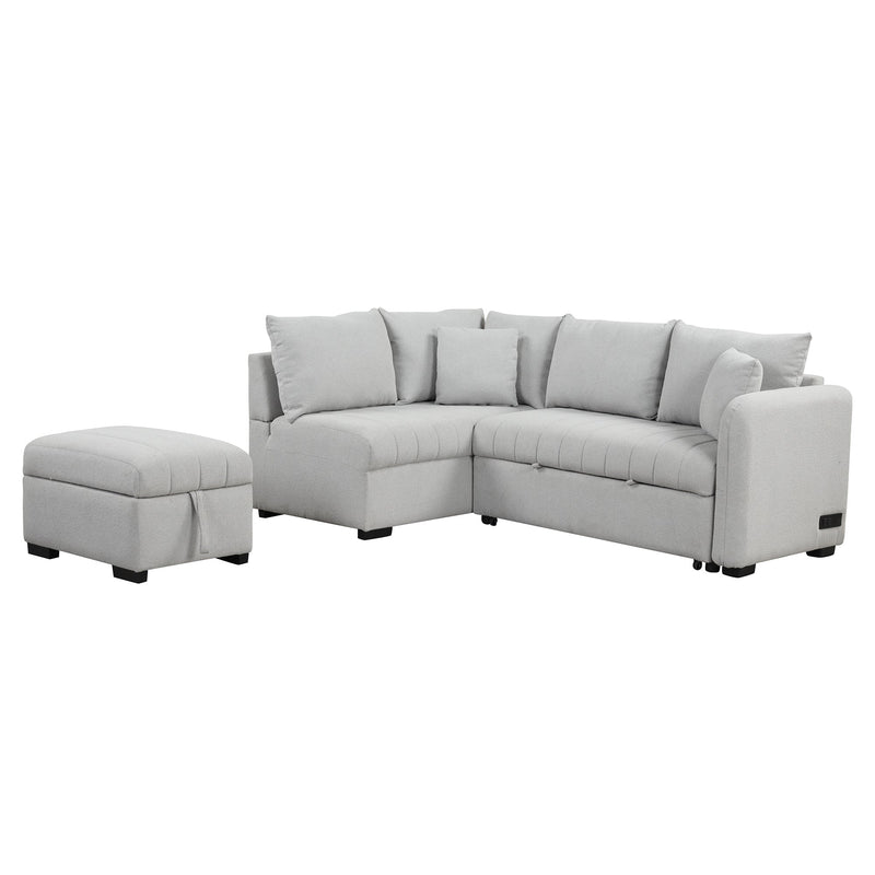82.6" L-shaped Sectional Pull Out Sofa Bed Sleeper Sofa with Two USB Ports, Two Power Sockets and a Movable Storage Ottoman, Gray