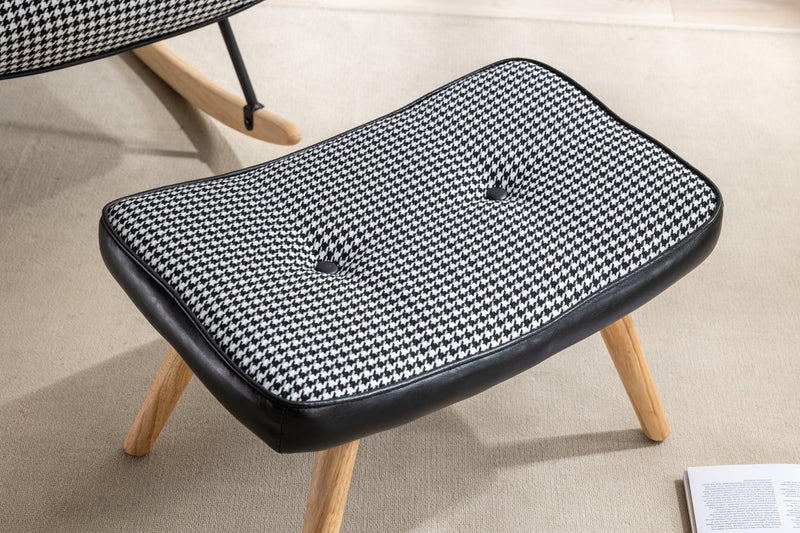 35.5 inch Rocking Chair with Footrest, Soft Houndstooth Fabric Leather Fabric Rocking Chair for Nursery, Comfy Wingback Glider Rocker with Safe Solid Wood Base for Living Room Bedroom Balcony (black)