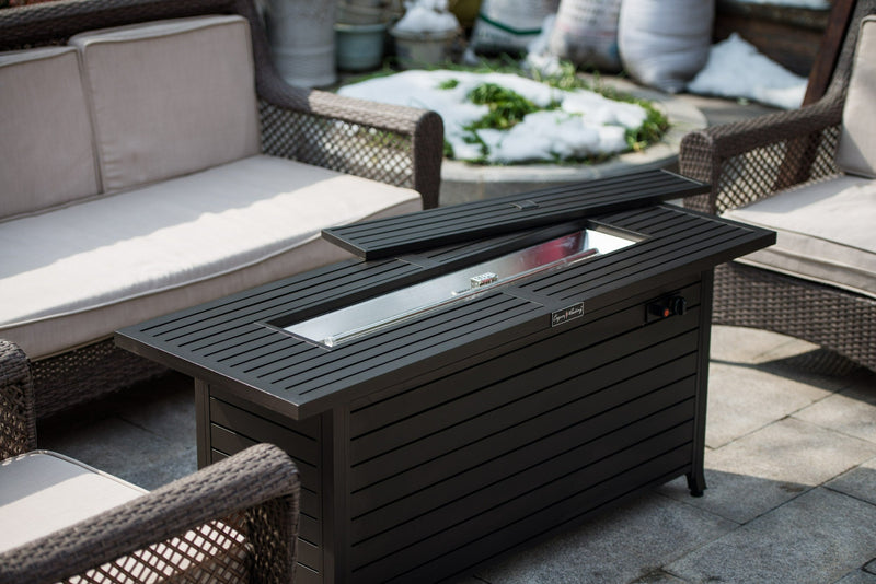 57in Outdoor Gas Propane Fire Pits Table, Aluminum, 50000BTU Firepit Fireplace Dining Table with Lid, Fire Glass, Retangular, ETL Certification, for Garden Backyard Deck Patio-Mocha