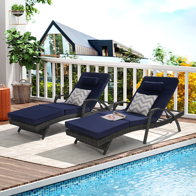 Outdoor Wicker Long Reclining Chair Set of 2 with Cushions, Wicker Reclining Lounge Chair Lawn Sunbathing Chairs Recliner up to 150° Beach Poolside Garden