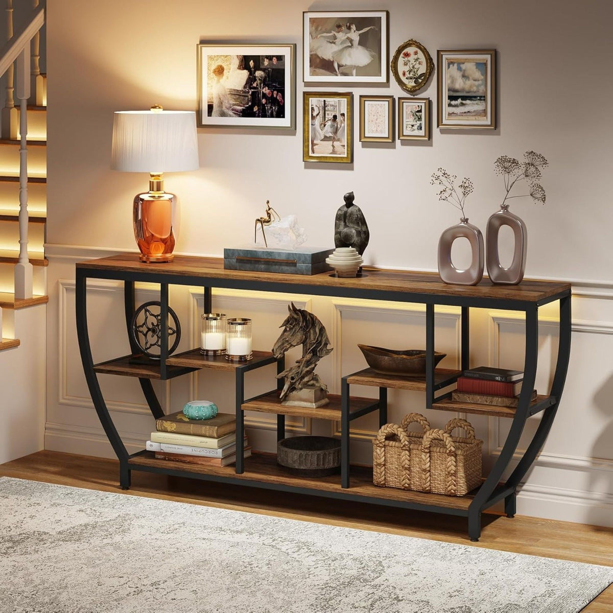Extra Long Entryway Console Sofa Table With 7 Tier Shelves - Brown / Black, photo 8 of 10