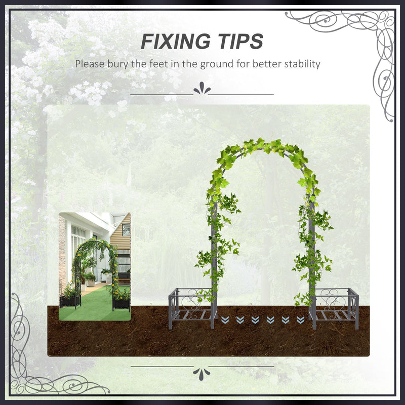 6.7' Steel Garden Arch Arbor with Scrollwork Hearts, Planter Boxes for Climbing Vines, Ceremony, Weddings, Party, Backyard, Lawn, Dark Gray