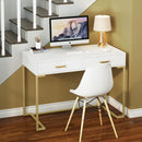 Minimalist Home Office Computer Desk With 2 Drawers, Compact Writing Table For Small Spaces - White / Gold by HouseOfZazla