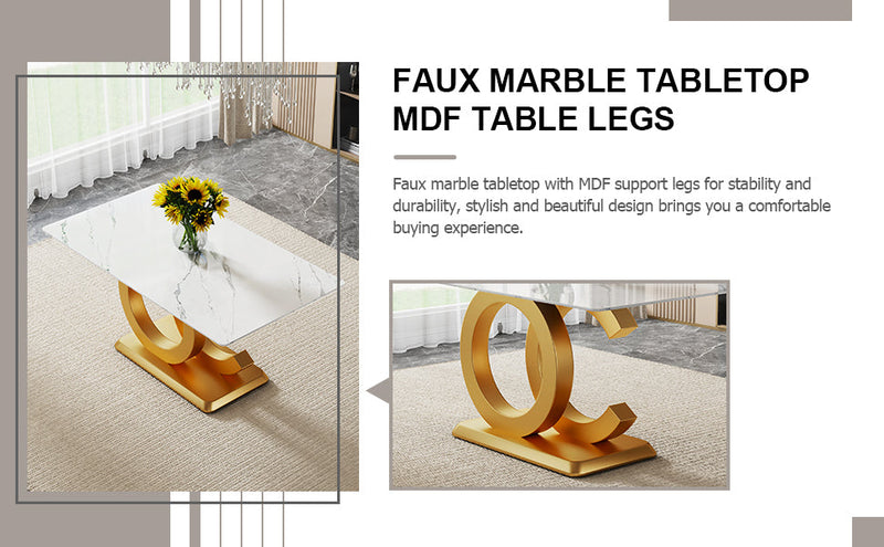 A modern minimalist rectangular dining table suitable for 6-8 people, a set of 6-piece PU leather backrest and gold metal legs modern dining chairs. F-OC