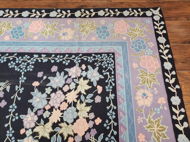 Chinese Needlepoint Rug 8 x 11.4, Hand-Woven Area Carpet, Flatweave Rug, Black Blue Light Violet Floral Garden European Design Wool Aubusson