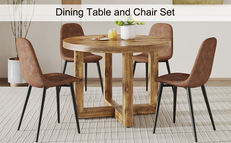 A modern and practical circular dining table. Made of MDF tabletop and wooden MDF table legs. A set of 6 brown cushioned chairs. CT-
