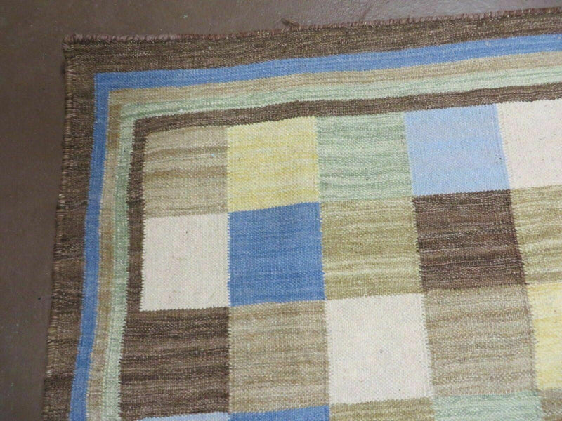 5' X 8' Hand-knotted Kilim Dhurrie Wool Cotton Rug Flat Weave Carpet Checkered Pattern Colorful Multicolor