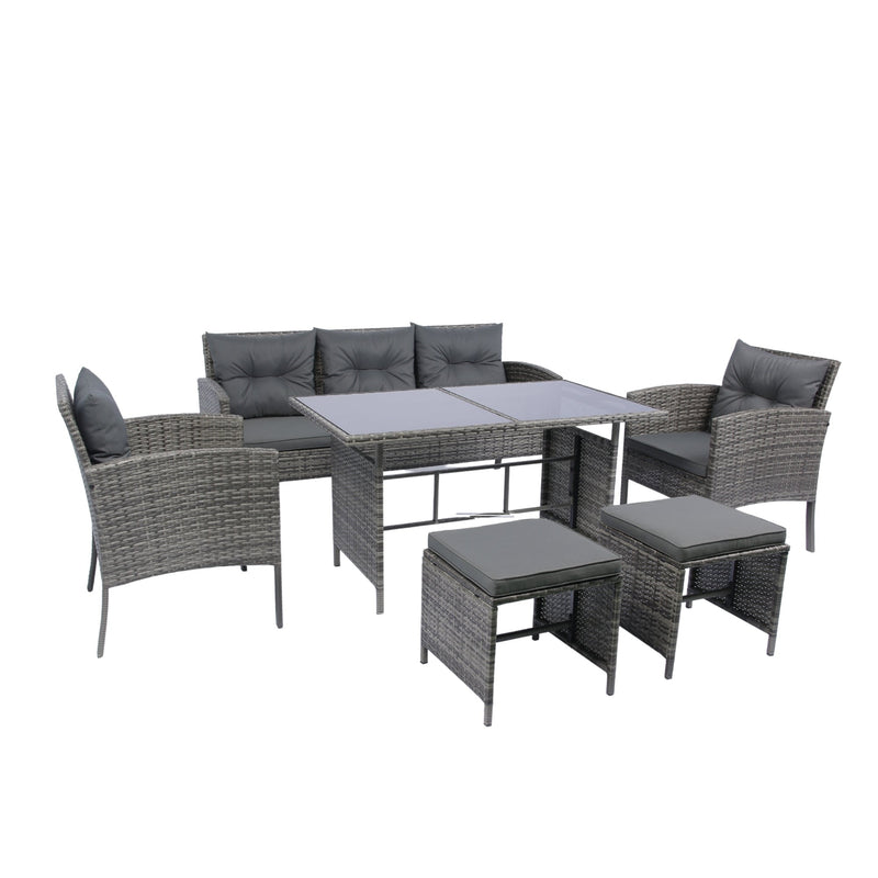 6 Piece Patio Wicker Sectional Set Patio Backyard Conversation Set Grey Wicker + Dark Grey Cushion