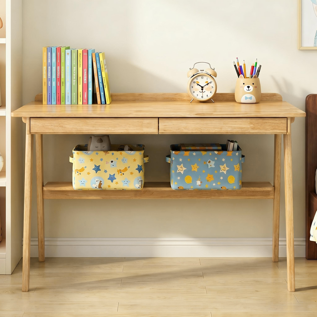 Solid Wood Writing Desk with 2 Drawers & Storage Shelf, photo 9 of 10