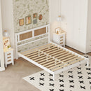 3-Pieces Bedroom Sets Queen Size Wooden Platform Bed with Natural Rattan Headboard, Nightstands Set of 2 with Rattan-Woven Surfaces and Three Drawers for Bedroom, White