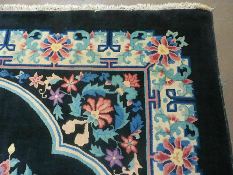 8' x 10' Vintage Handmade Art Deco Plush Chinese Wool Rug center Flower Black