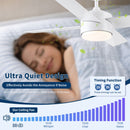 Ceiling Fan With Remote Control, Reversible DC Motor, 6 Speeds, 3 Dimmable LED, Quiet Timer For Indoor - White