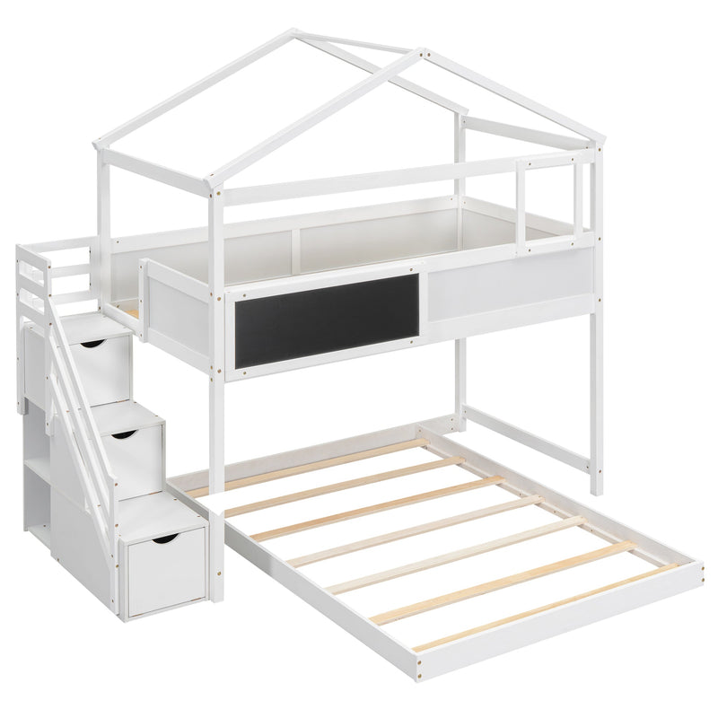 Walker Edison | Twin over Full House Bunk Bed with Storage Staircase and Blackboard, White