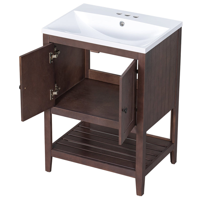 24" Brown Modern Sleek Bathroom Vanity Elegant Ceramic Sink with Solid Wood Frame Open Style Shelf