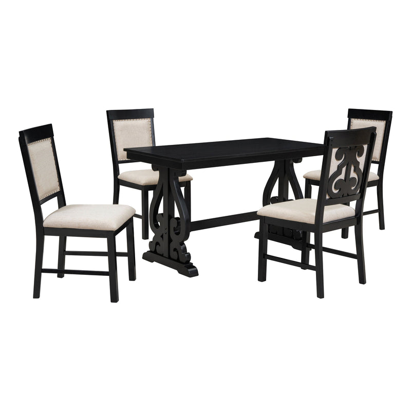 5-Piece Retro Dining Set, Rectangular Wooden Dining Table and 4 Upholstered Chairs for Dining Room and Kitchen (Black)