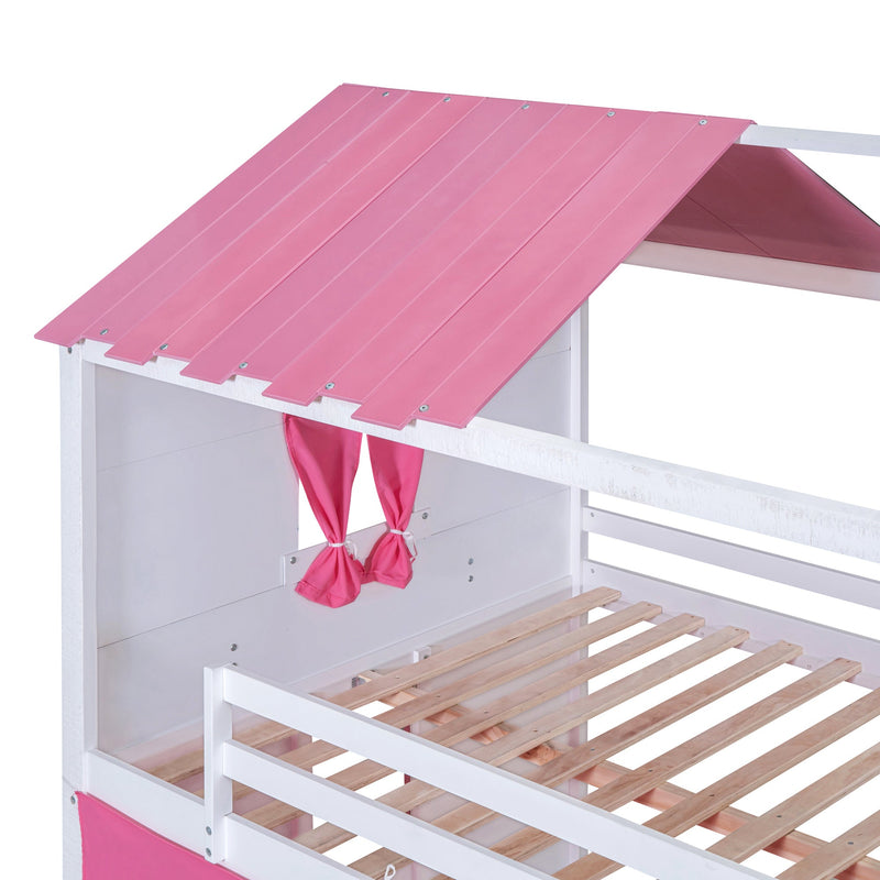 Full Size Bunk Wood House Bed with Elegant Windows, Sills and Tent, Pink+White