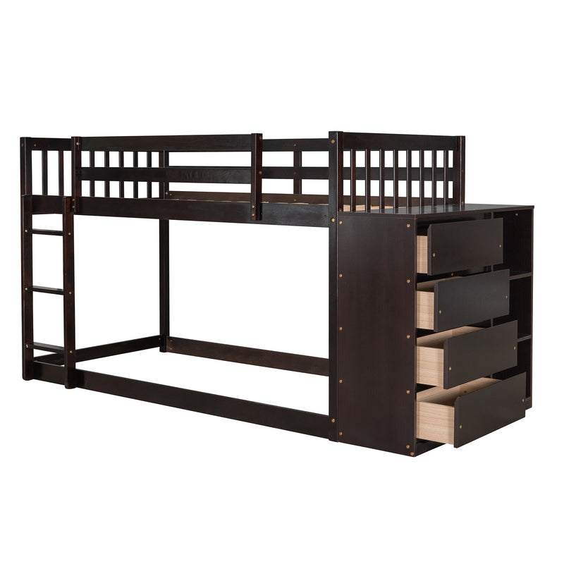 Twin over Twin Bunk Bed with 4 Drawers and 3 Shelves-Espresso