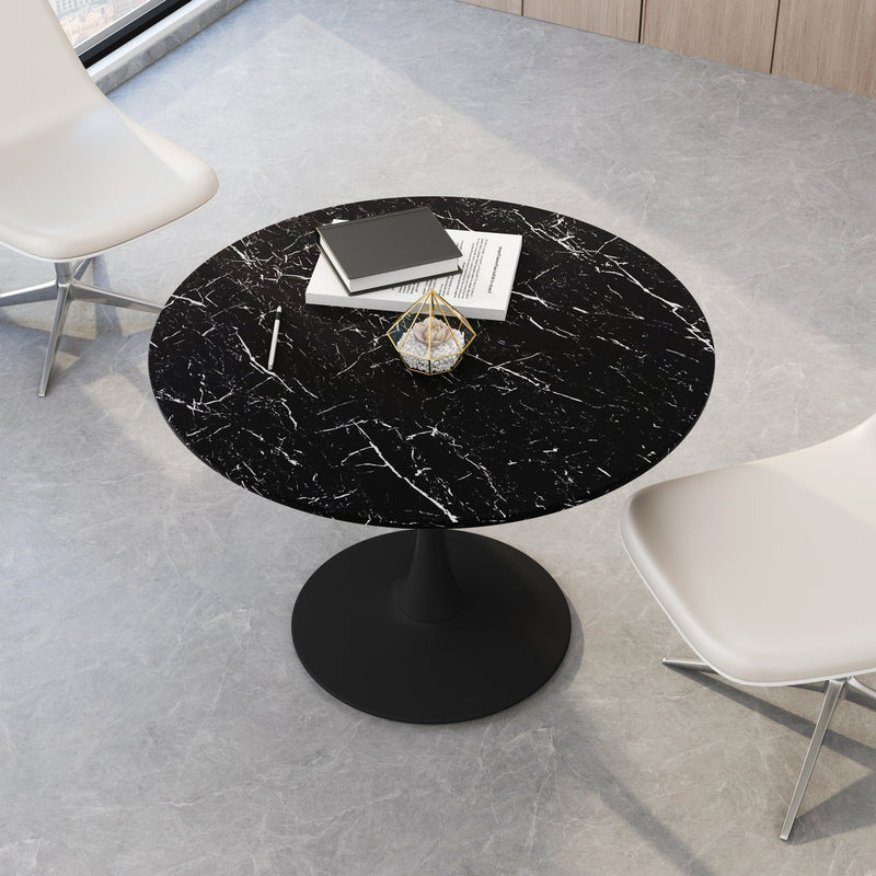 42.12" Modern Round Dining Table with Printed Black Marble Table Top, Metal Base Dining Table, End Table Leisure Coffee Table