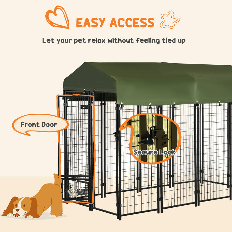 8' x 4' x 6' Dog Kennel Outdoor with Rotating Bowl Holders, Walk-in Pet Playpen, Welded Wire Steel Dog Fence with Water-and UV-Resistant Canopy, Green